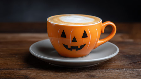 A bright orange coffee cup shaped like a pumpkin rests on a wooden table. Creamy foam decorates the top.の素材