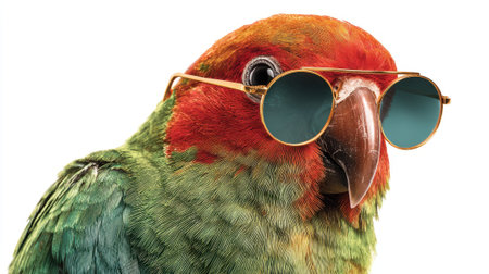 Brightly colored parrot displays unique personality while sporting trendy sunglasses.の素材