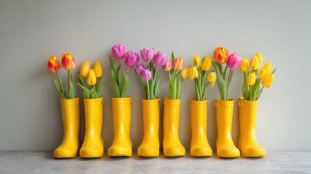 Bright yellow boots hold vibrant tulips adding a lively touch to the spring season ambiance.の素材