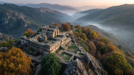 Sunlight breaks over ancient stone ruins surrounded by colorful autumn trees in the mountains.の素材