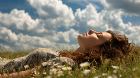 A woman lies peacefully in a field of flowers enjoying the warm sun and bright sky above.の素材