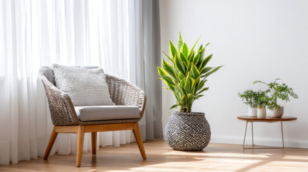 A warm corner features a comfortable chair vibrant plants and soft light creating a peaceful atmosphere.の素材