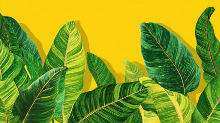 Lush green foliage fills the scene set against a bold yellow backdrop showing natures beauty.の素材