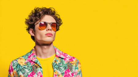 A fashionable young man stands against a vivid yellow wall in a floral shirt and cool sunglasses.の素材