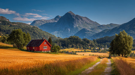 Golden fields stretch across the landscape with a charming red house and towering mountains in sight.の素材