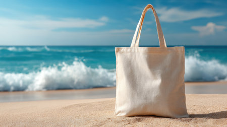 Soft waves crash gently on the shore while a tote bag stands on the sand inviting beachgoers to relax.の素材