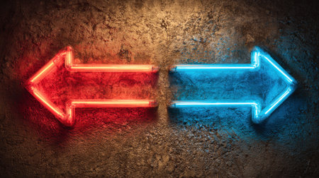 Neon arrows in red and blue illuminated a rough wall guiding viewers with their vibrant glow.の素材