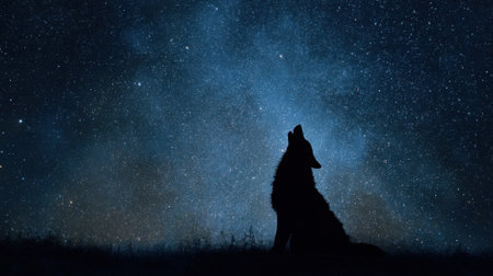 A lone wolf howls under a vibrant star filled sky in a serene natural setting.の素材