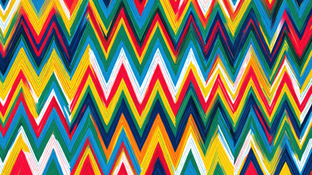 A vibrant zigzag pattern features bold colors like red, blue, yellow, and green. The lively design creates an energetic, eye-catching visual suitable for various artistic projects.の素材