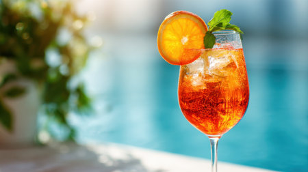 Bright orange rest cocktails on a table near a sparkling pool capturing summer vibes perfectly.の素材