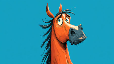 A cartoon horse with a surprised expression stands against a vivid blue background radiating charm.の素材