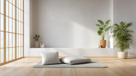 Bright and airy space featuring soft cushions on a rug adorned with lush green plants and gentle sunlight.の素材