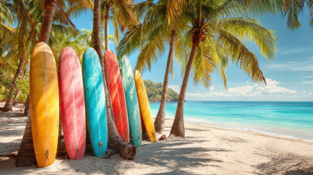 Colorful surfboards stand together under swaying palm trees on a sunny beach day.の素材