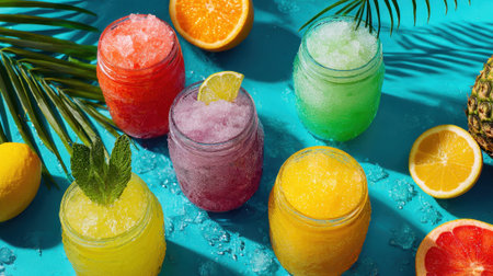 Brightly colored slush drinks sit in jars surrounded by fresh fruits on a sunny blue surface.の素材