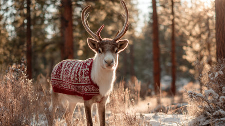 A reindeer stands in a snowy forest wearing a knitted sweater as sunlight filters through trees.の素材