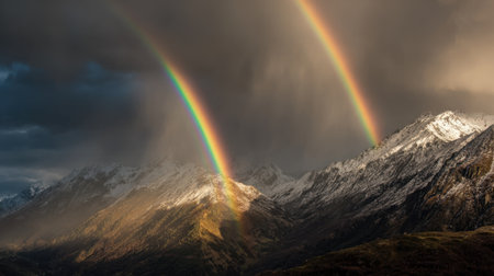 Bright double rainbow glows against dark storm clouds illuminating the snowy mountain peaks.の素材