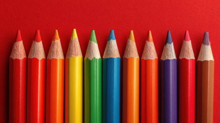 A series of colorful pencils lay in a straight line showcasing their vibrant tips against red.の素材
