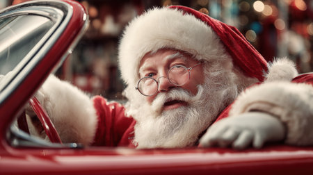 Santa Claus with a cheerful expression drives a vintage red car spreading holiday cheer.の素材