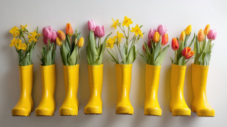 Vivid yellow boots arranged on a wall hold fresh cheerful blooms in spring colors.の素材