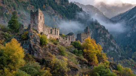 Majestic ruins rise from a rocky hillside surrounded by vibrant autumn trees and misty mountains.の素材