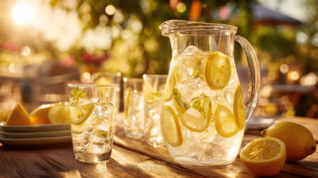 Bright sunlight shines on a pitcher of lemonade filled with ice and lemon slices perfect for summer.の素材