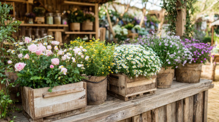 Beautiful flowers in wooden planters fill a vibrant garden market during a sunny day.の素材