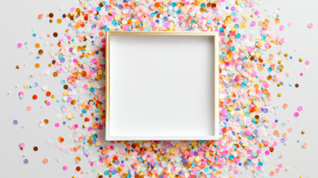 A lively display of colorful confetti encircles a blank frame perfect for celebrations and artistic endeavors.の素材