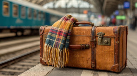 A rustic suitcase rests on the platform as a train approaches surrounded by cozy autumn vibes.の素材