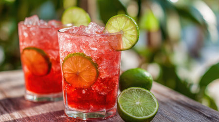 Two glasses filled with colorful icy beverages sit on a wooden table surrounded by fresh limes.の素材