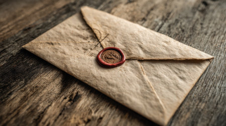 A charming old envelope sealed with wax sits on a wooden table showing its vintage quality.の素材