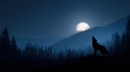 A lone wolf stands on a hill howling at the bright full moon above the shadowy trees.の素材