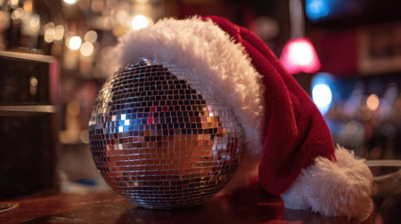 A festive disco ball adorned with a Santa hat brightens a lively celebration creating joyful vibes.の素材