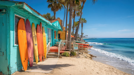 Surfboards in bright colors rest against a charming beach cottage as gentle waves lap at the shore.の素材