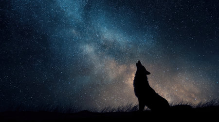 A coyote stands on a hill howling at a dazzling sky full of stars and the Milky Way.の素材