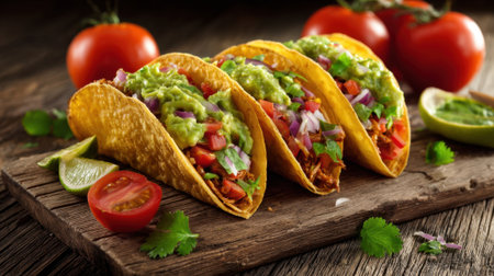 Three tasty tacos sit on a wooden table filled with fresh veggies and topped with green guacamole.の素材