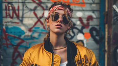 Stylish woman stands strong in front of colorful street art showcasing urban fashion and attitude.の素材