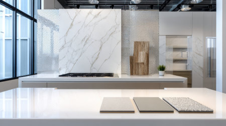 This stylish kitchen showcases a sleek marble island clean lines and contemporary materials.の素材