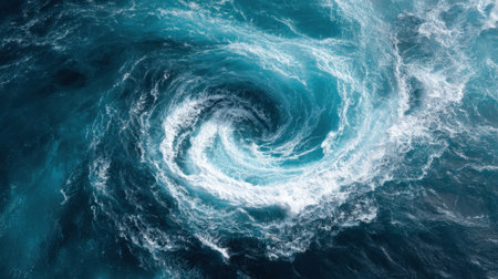 Powerful waves create a swirling whirlpool in the vast ocean shimmering under sunlight.の素材