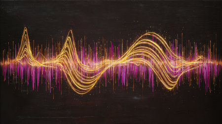 Colorful sound waves ripple across a dark background, displaying a blend of golden and pink tones. The dynamic lines represent rhythm and energy in a striking visual format.の素材