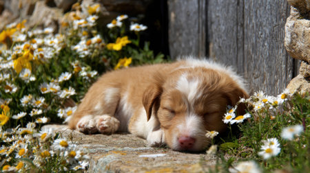 A small puppy is sleeping soundly on a stone surface surrounded by bright wildflowers.の素材