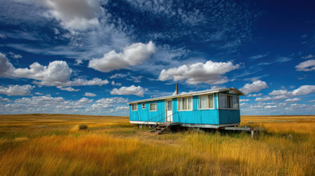 A bright blue cabin rests in a golden field surrounded by rolling grasslands and a wide sky filled with clouds.の素材