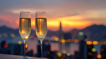Two glasses of sparkling beverages shine in the warm glow of a colorful sunset above a city.の素材