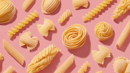Various pasta shapes are creatively arranged against a vibrant pink background showing their unique designs.の素材