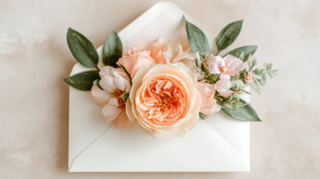 A stunning bouquet of peach roses and soft pink flowers decorates an envelope. This elegant arrangement enhances the envelope's charm, perfect for invitations or heartfelt messages.の素材