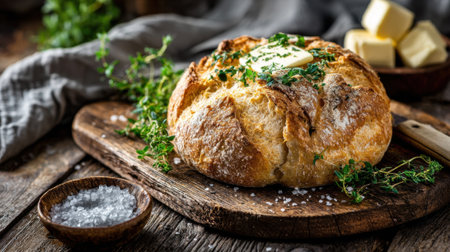 Golden bread loaf rests on a wooden board adorned with butter and fresh herbs inviting a warm taste.の素材