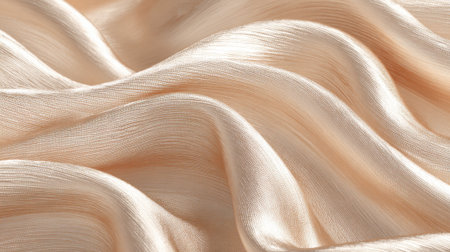 The elegant undulations of soft silk fabric display a smooth, lustrous surface in a warm beige tone, capturing light beautifully and showing its supple texture.の素材