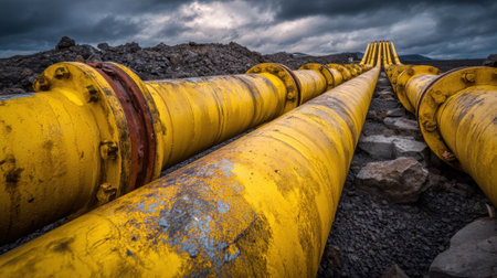 Sturdy yellow pipes create a striking line through rocky terrain beneath dark swirling clouds.の素材