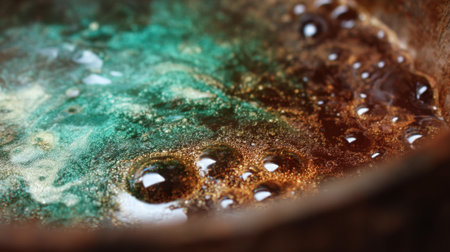 Water is heating up in a pot on the stove, creating colorful bubbles and steam. This scene captures the process of boiling water in a home kitchen during meal preparation.の素材