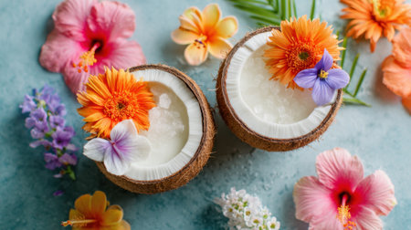 Two coconut shells filled with refreshing drinks sit among colorful flowers creating a tropical vibe.の素材
