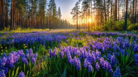 A vibrant field of purple hyacinth flowers stretches across a tranquil forest as the sun sets in the background. The atmosphere is calm, showcasing the beauty of nature.の素材